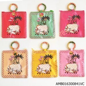 Pichwai Cow Print Bangle Handle Potli Bag 9x10 Inches